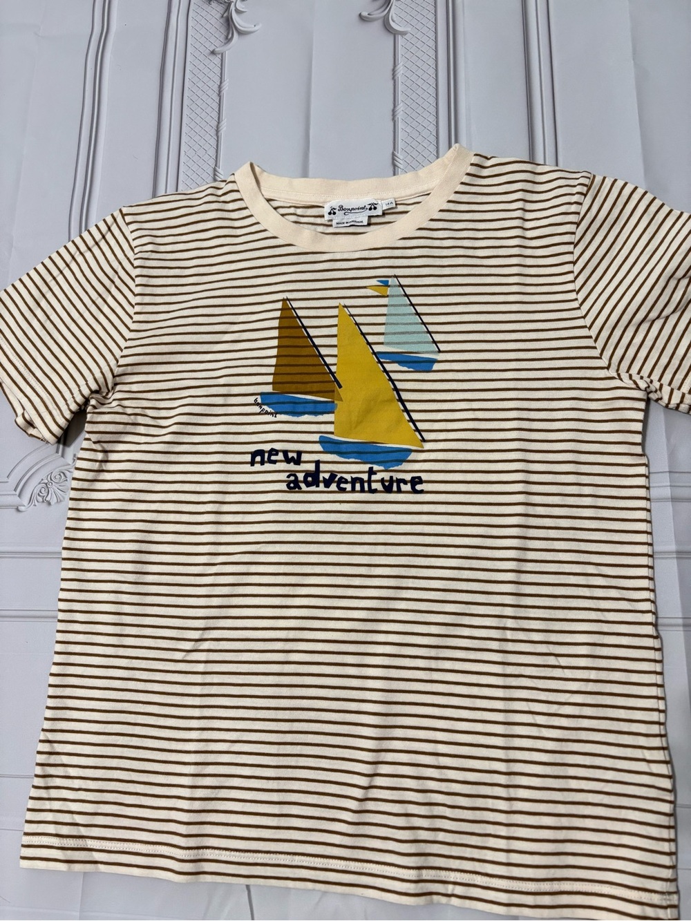 Bonpoint Cream and Brown Striped Tee with Yellow Sailboat Graphic